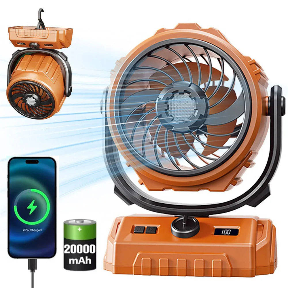 Camping Fan 20000mAh Rechargeable Portable Camping Circulator Fan Wireless Tent Ceiling Fan with LED Light and Hook
