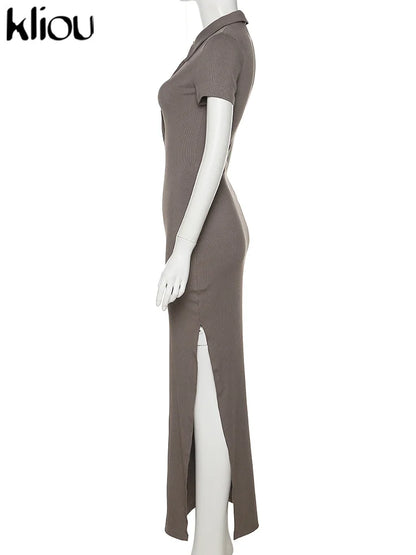 Kliou Elegant Office Lady Maxi Dress Women Solid Fashion Turn-down Collar Short Sleeve Button Side Slit Body-Shaping Street Robe - Smarsty