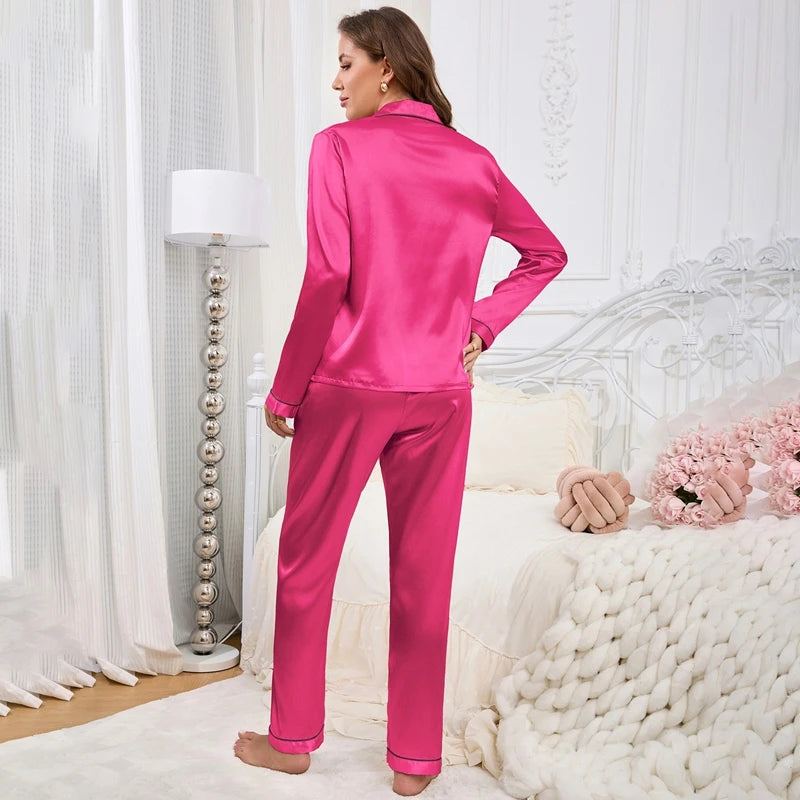 Autumn Satin Pajama for Women Heart-shaped Embroidery Sleepwear & Loungewear Long Sleeve Top & Pants Home Clothes Pyjama 2 Piece - Smarsty