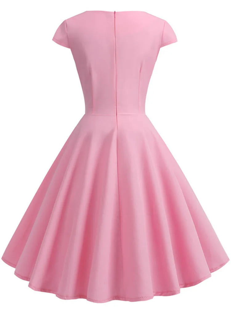 Pink Summer Dress Women V Neck Vintage Robe Elegant Retro pin up Party Office Midi Dresses - Smarsty