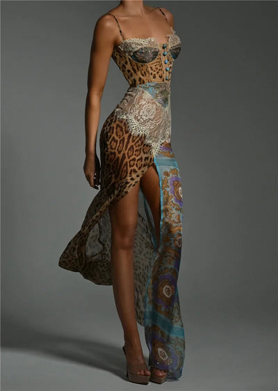 Mozision Leopard Print Lace Split Sexy Maxi Dress Women Gown Elegant Patchwork Chiffon Sleeveless Backless Beach Evening Dress - Smarsty
