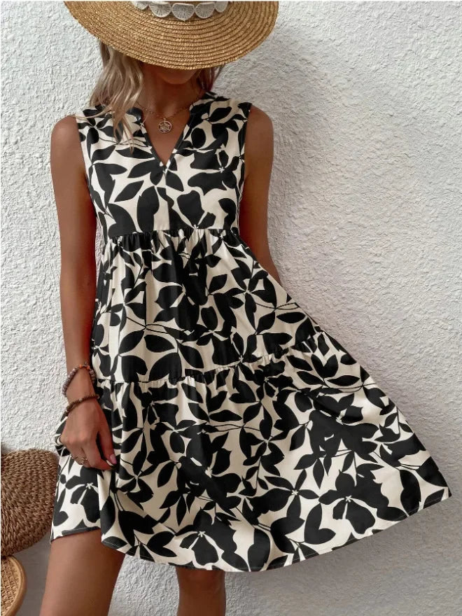 Women Boho Print Mini Dress Summer Elegant Sleeveless V Neck Ruffle A Line Tank Dress Casual Loose Oversize Beach Party Sundress - Smarsty