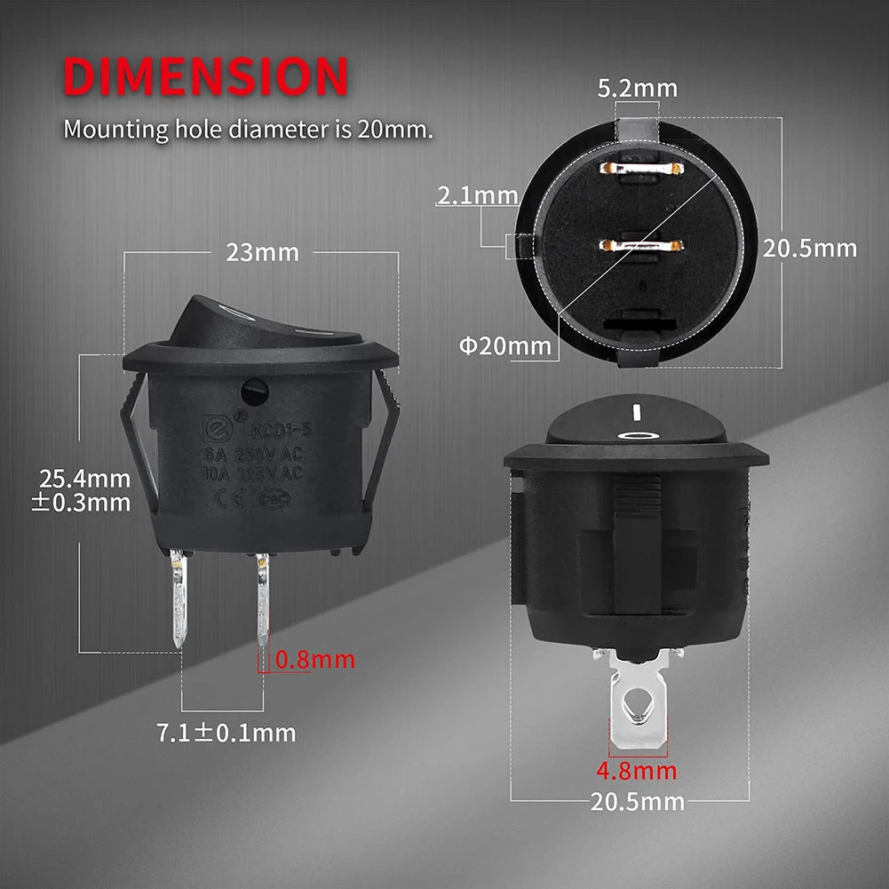 10/5PCS ON/OFF Round Rocker Switch Toggle Switch 2-pin SPST 12V 24V Auto Boat Marine Toggle Rocker Switch Push Button Accessory