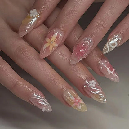 Colorful Press On Almond Nails Set with Pearl Flowers - Smarsty