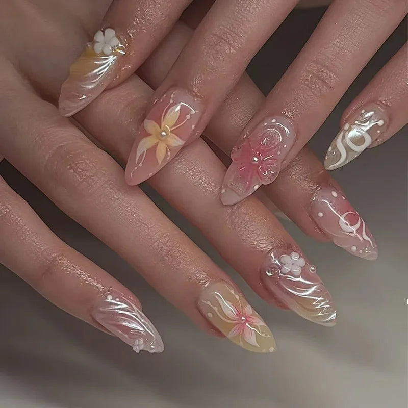 Colorful Press On Almond Nails Set with Pearl Flowers - Smarsty