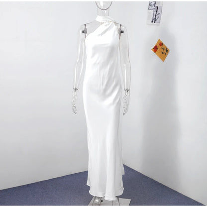 Elegant Solid Ribbon Women Halter Dress Off Shoulder Sleeveless Backless Slim Female Maxi Dresses 2025 Summer New Chic Lady Robe - Smarsty