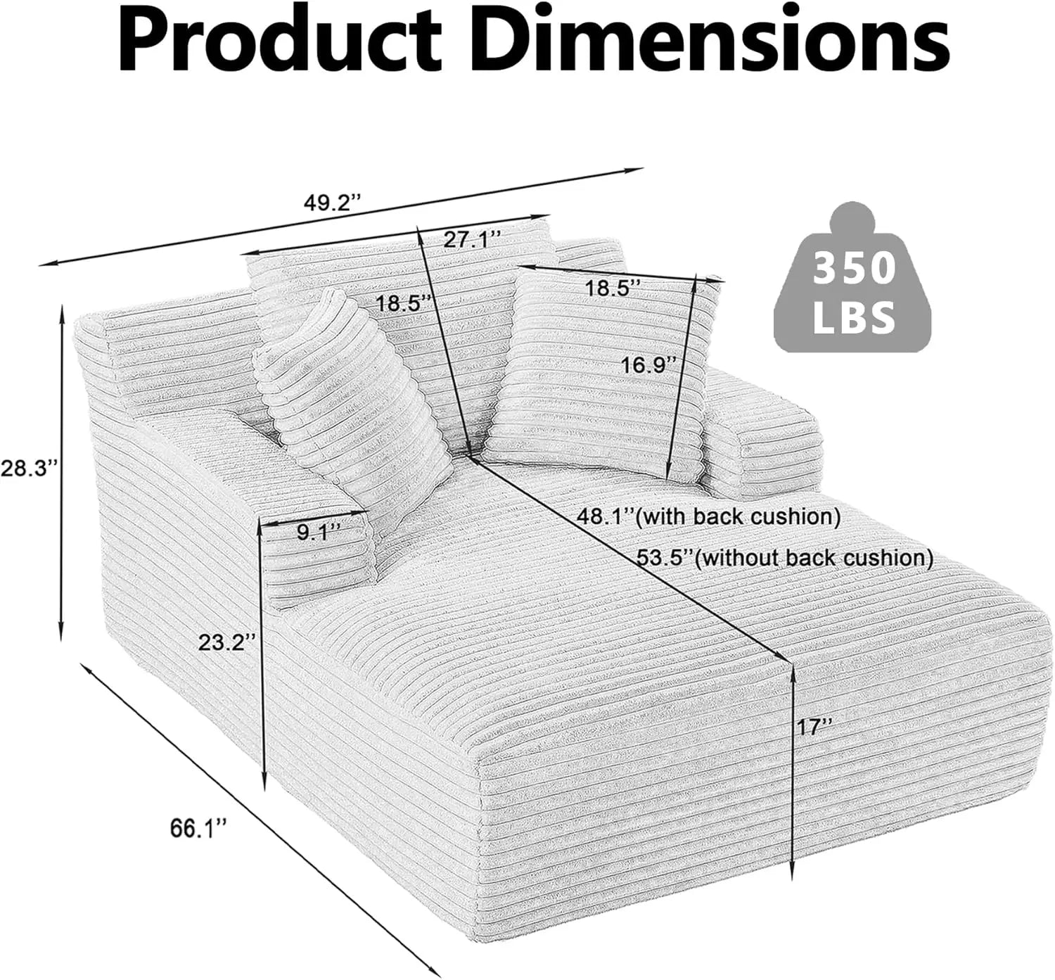 Oversized Chaise Lounge Chair with 3 Comfy Pillows for Living Room Bedroom, Wide Arms Corduroy Fabric High-Density - Smarsty