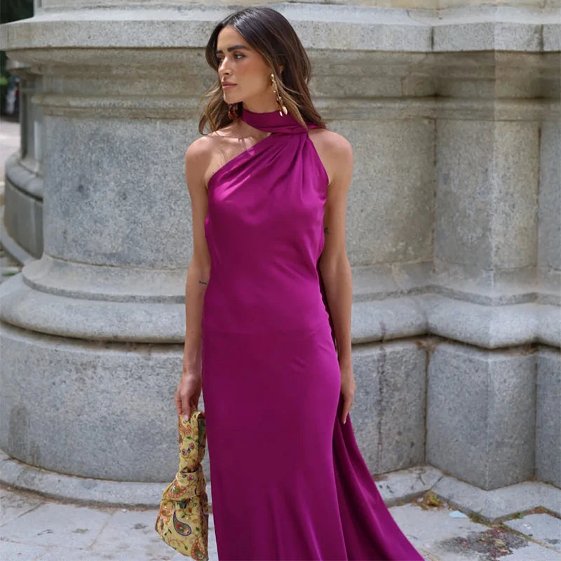 Elegant Women's Ribbon Long Satin Party Dress Halter Backless Sleeveless Female Dresses 2025 Summer Lady Solid Evening Gowns