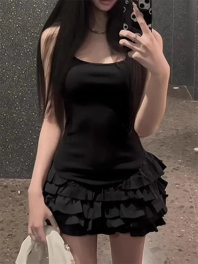 Chic Y2K Sleeveless Mini Dress For Woman Summer Black Dresses Sexy Clubwear Party Slim fit Ruffle Pleated Short Dress - Smarsty