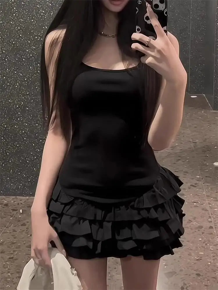 Chic Y2K Sleeveless Mini Dress For Woman Summer Black Dresses Sexy Clubwear Party Slim fit Ruffle Pleated Short Dress - Smarsty