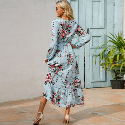 2023 Sping Summer Bohemian Women Maxi Dress Casual Long Sleeve High Waist Beach Woman Chiffon Dresses Floral Vestidoes Mujer New - Smarsty