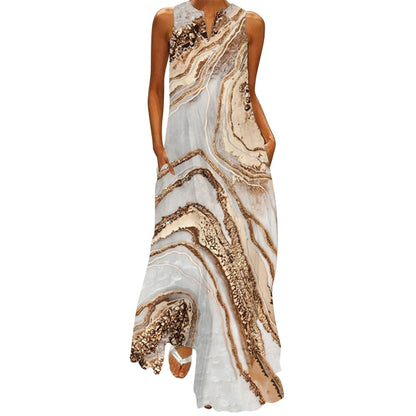 2024 New Summer Women's Sleeveless V-neck Printed Sexy Dress Long Dress Cross Border Women's Wear in Europe and America - Smarsty