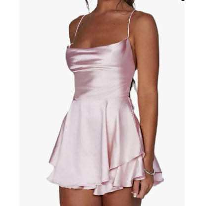 Summer Solid Color Backless Sexy Fashion Satin Lady Short Strap Dress Elegant Sweet Strap Pullover Women's Mini Skirt New 23235 - Smarsty