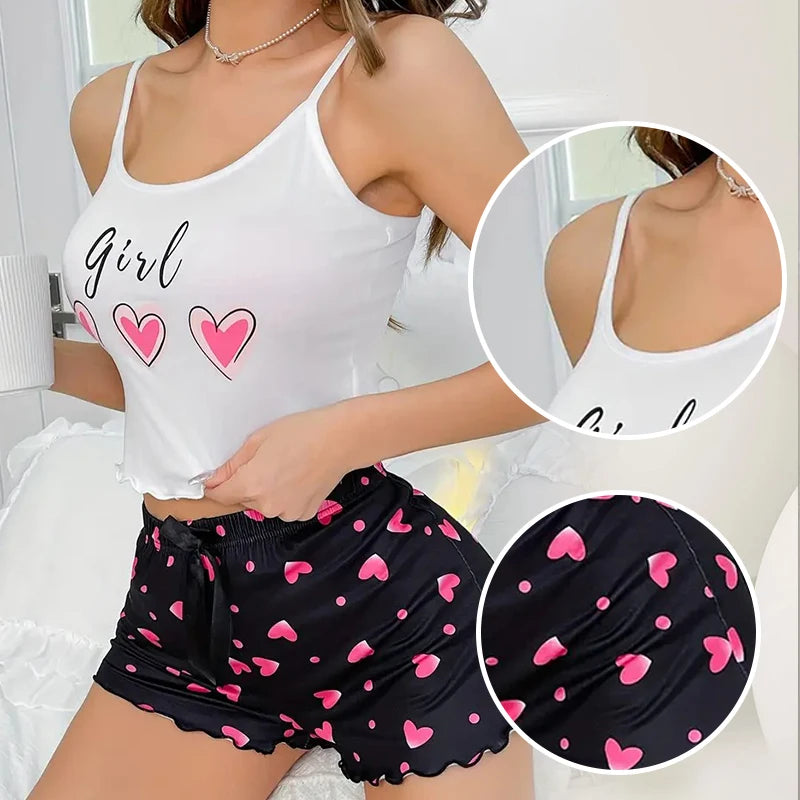 Women's Pink Heart Print Milk Pajama Two-Piece Summer Casual Homewear Camisole and Shorts Pajama Set - Smarsty