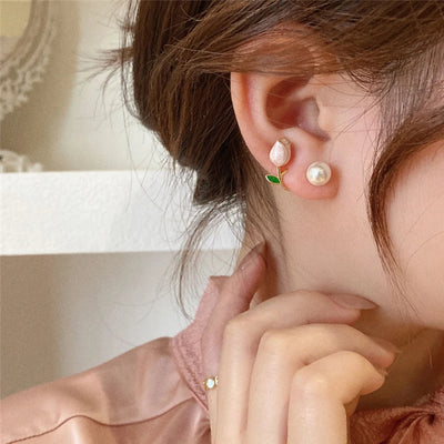 Elegant Rose Stud Earrings With Imitation Pearl Pink Tulip - Smarsty