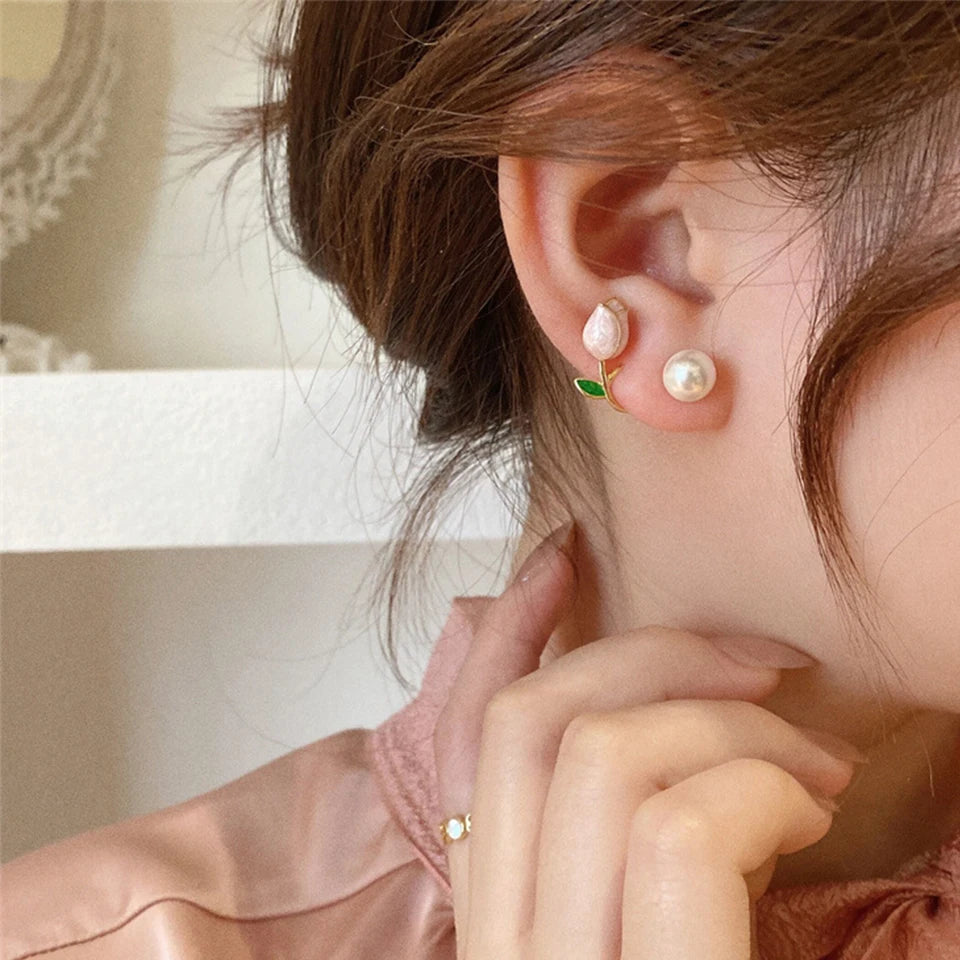 Elegant Rose Stud Earrings With Imitation Pearl Pink Tulip - Smarsty