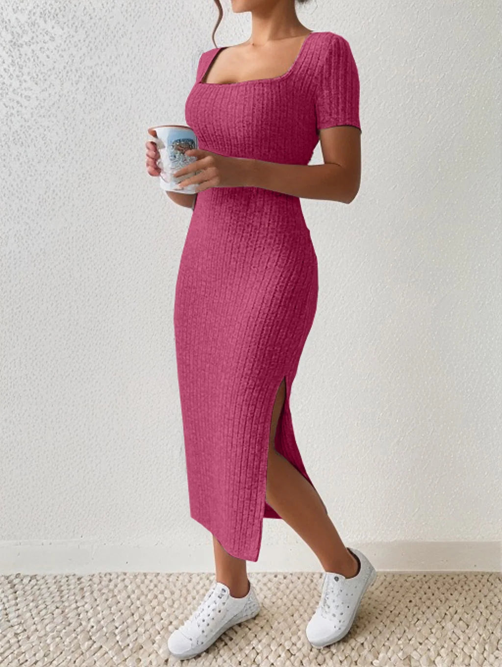 Summer Square Neck, Hip-Hugging Mid-Length Skirt, Short-Sleeved, Versatile Knitted Slit Dress - Smarsty
