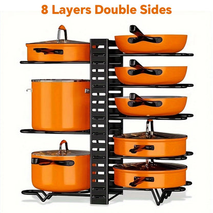 Space-Saving 8-Tier Pot Rack Organizer - Durable Metal Holder for Pans, Pots, and Lids to Keep Your Kitchen Neat and Tidy