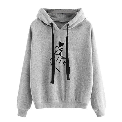 Autumn Fleece Hoodie Solid Color Finger Heart Hooded Korean Fashion Sweatshirts Long Sleeve Top Drawstring Pockets Loose Hoodies - Smarsty