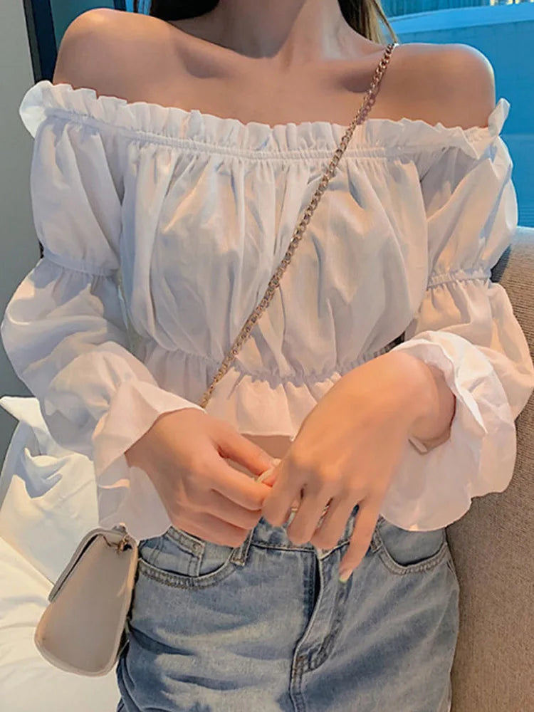 Women Top Sexy Blouse Off Shoulder Top Long Sleeve Solid Color White Shirt Puff Sleeve Ruffle Tunic Crop Top Summer Tube Top - Smarsty