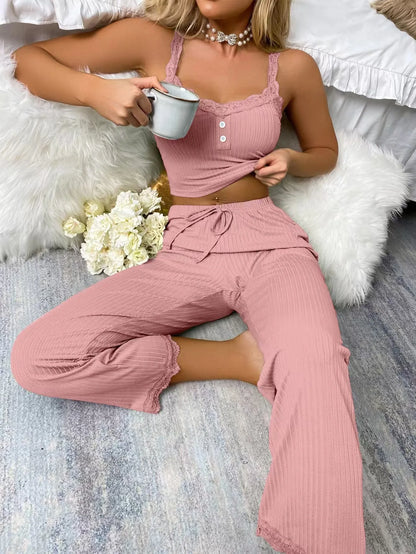 New Women's two-piece pajama set with solid color lace edging sexy slim fit suspender and pants soft and comfortable pajamas set - Smarsty