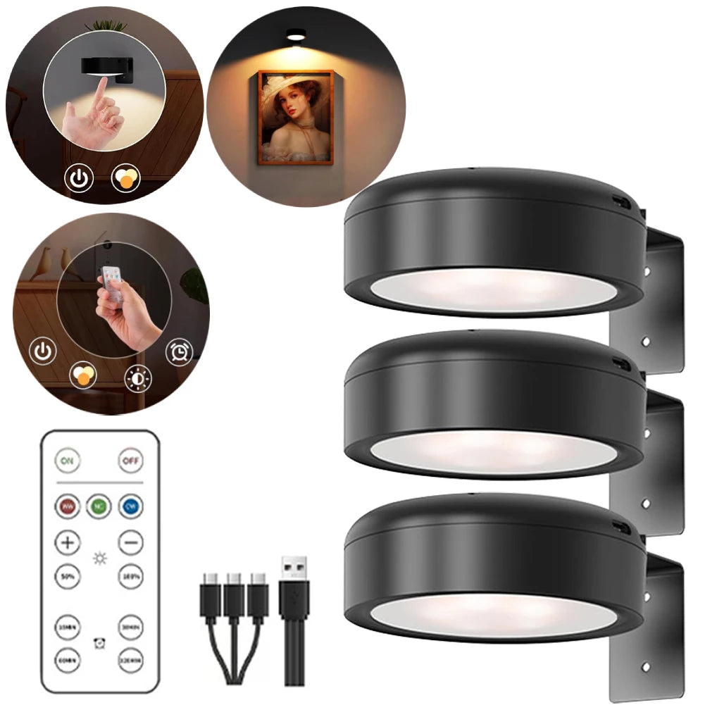 2/3pc Rechargeable Picture Light Magnetic LED Painting Light with Remote and Timer Art Display Light Dimmable 3 Lighting Modes