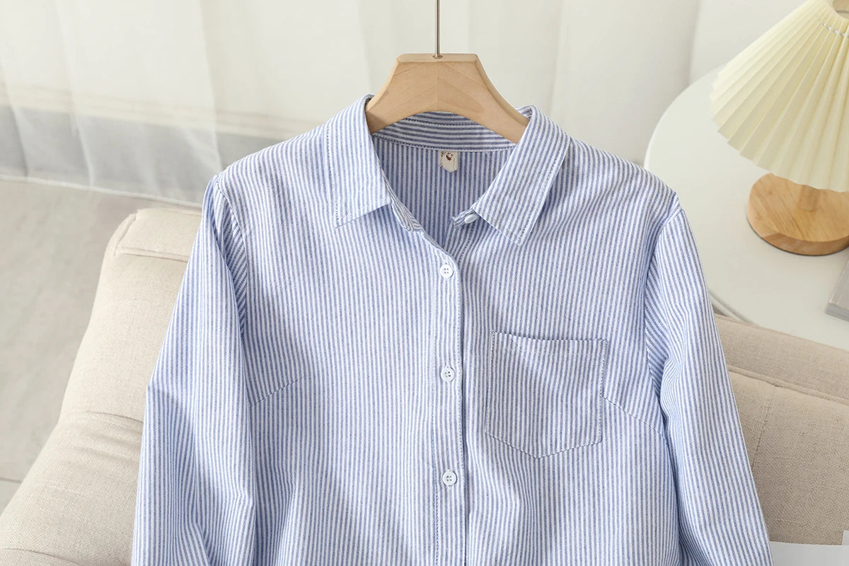 Casual Cotton Women's Oxford Shirt 2024 Autumn New Good Quality Woman Blouse and Tops Lady White Blue Striped Shirts Clothes - Smarsty