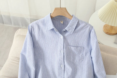 Casual Cotton Women's Oxford Shirt 2024 Autumn New Good Quality Woman Blouse and Tops Lady White Blue Striped Shirts Clothes - Smarsty