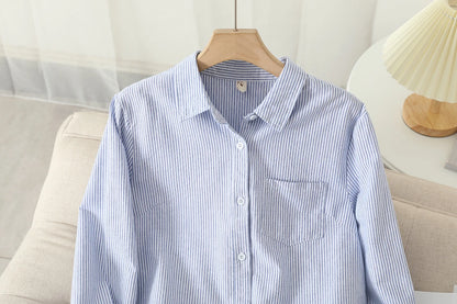Casual Cotton Women's Oxford Shirt 2024 Autumn New Good Quality Woman Blouse and Tops Lady White Blue Striped Shirts Clothes - Smarsty
