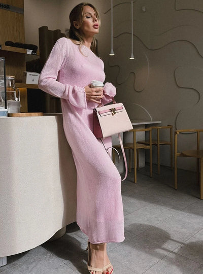 Hirsionsan Spring Autumn O-Neck Elastic Knit Long Dresses Women 2024 Elegant Chic Soft Lady Hollowing Sweater Dresses Femme New - Smarsty