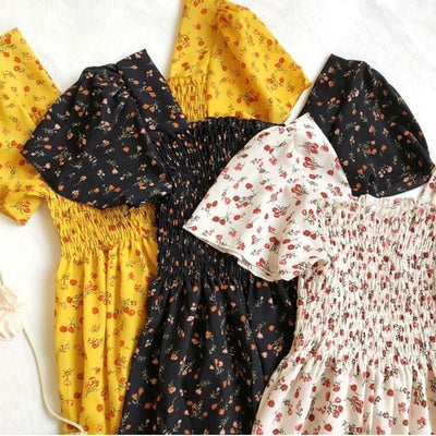 Spring Summer Chiffon Dress Women Midi DressesFemale Short Sleeve Elastic Waist Printed Floral Pleated Backless Casual Dress - Smarsty