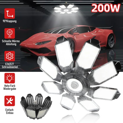 200W Powerful Garage Light LED Foldable LED Bulbs E27 Adjustable Multi Panel Ceiling Lamp For Workshop Warehouse Lighting