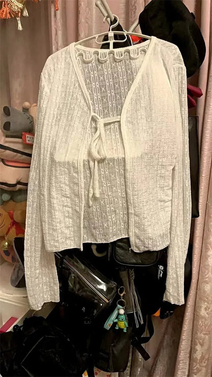 White Tie Up Summer Cardigan Women Sexy Long Sleeve Sheer Mesh Crop Tops Woman Chic All Match Short Printed T Shirt Mujer - Smarsty