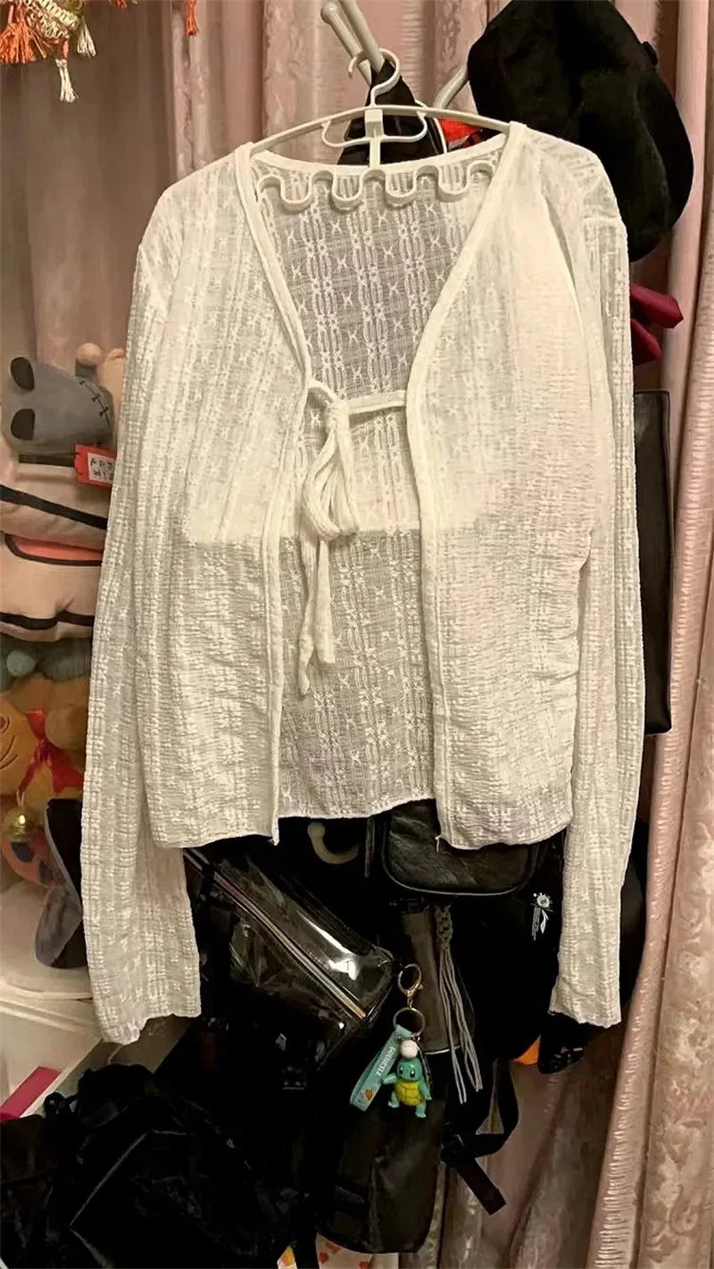 White Tie Up Summer Cardigan Women Sexy Long Sleeve Sheer Mesh Crop Tops Woman Chic All Match Short Printed T Shirt Mujer - Smarsty