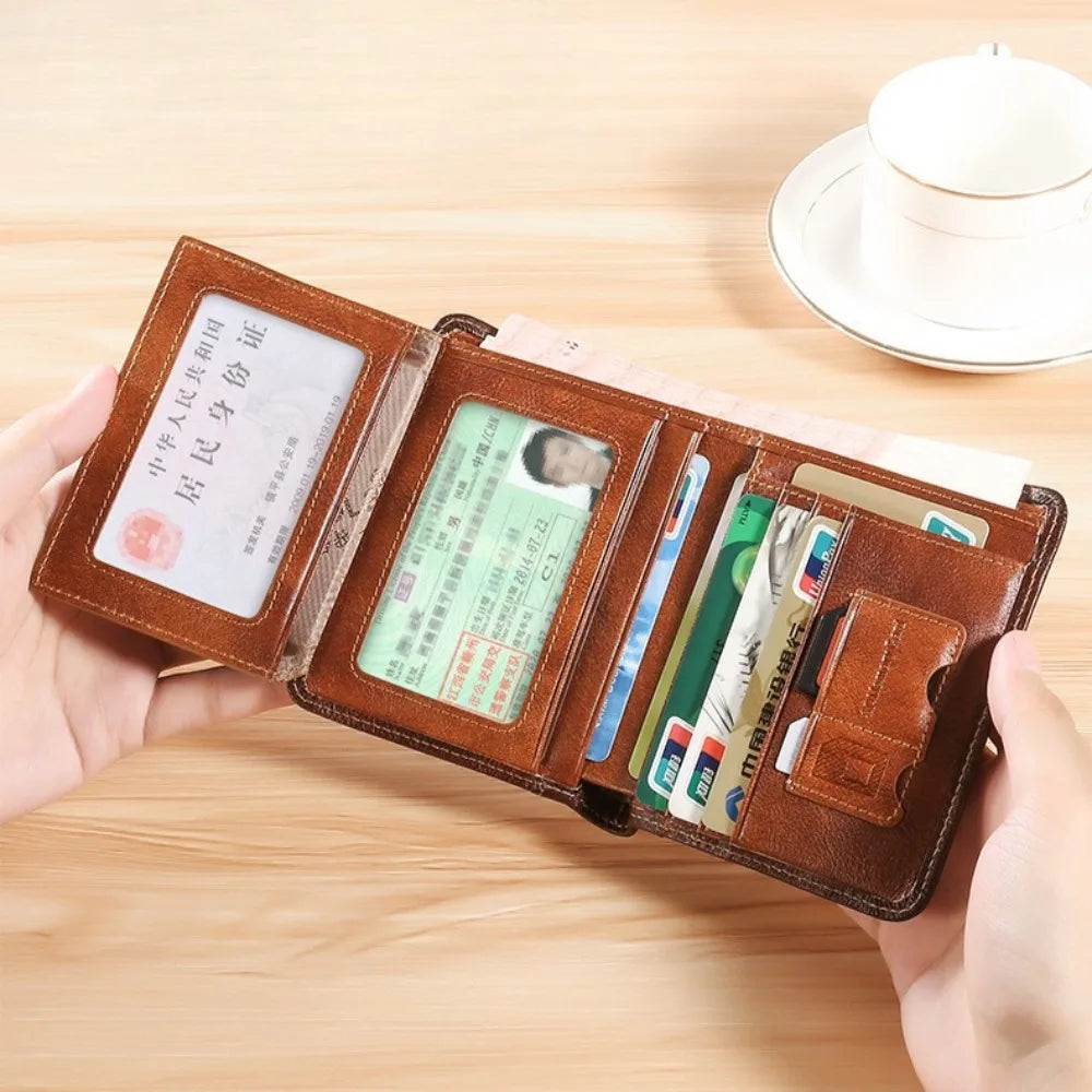 Men Wallet Genuine Leather Rfid Blocking Trifold Wallet Vintage Thin Short Multi Function ID Credit Card Holder Male Purse Money