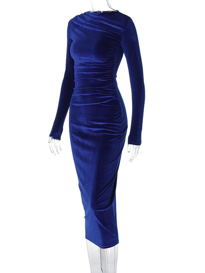 Dulzura 2024 Spring Summer Velvet Long Sleeve Midi Dress For Women Ruched Long Dress Elegant Party Clothes Evening Green Outfits - Smarsty