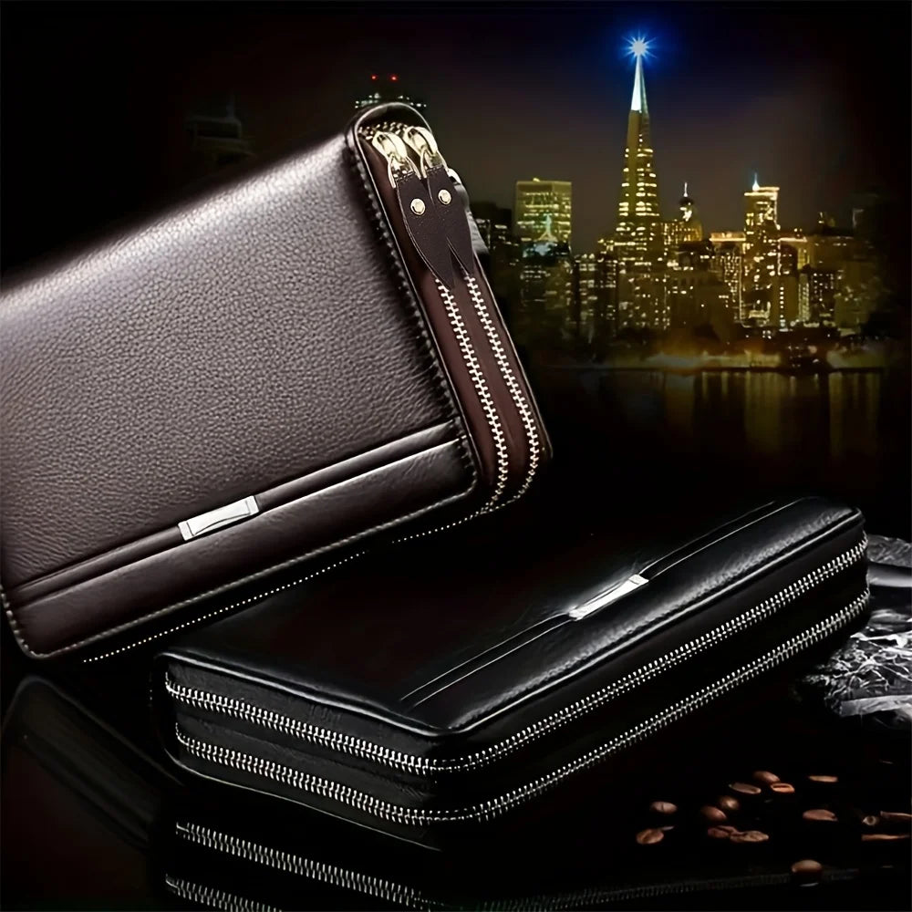 Men Large Capacity Wallet Long Zipper Purse Synthetic Leather Clutch Business Handbag Phone Card Holder Case Gift for Men Him - Smarsty