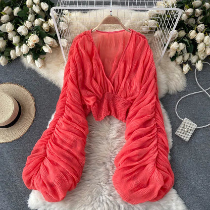 Women Sexy Chiffon Short Blouse Female See Through Super Long Sleeve Blusas Purple/Green/Black/White Folds Party Tops 2022 New - Smarsty