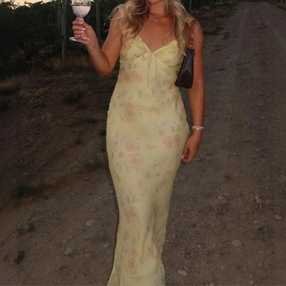 Summer Flower Printed Women's Sexy Low-cut Dress Sleeveless Backless Slim Sling Dresses 2025 Beach Vacation Lady Vestidos - Smarsty