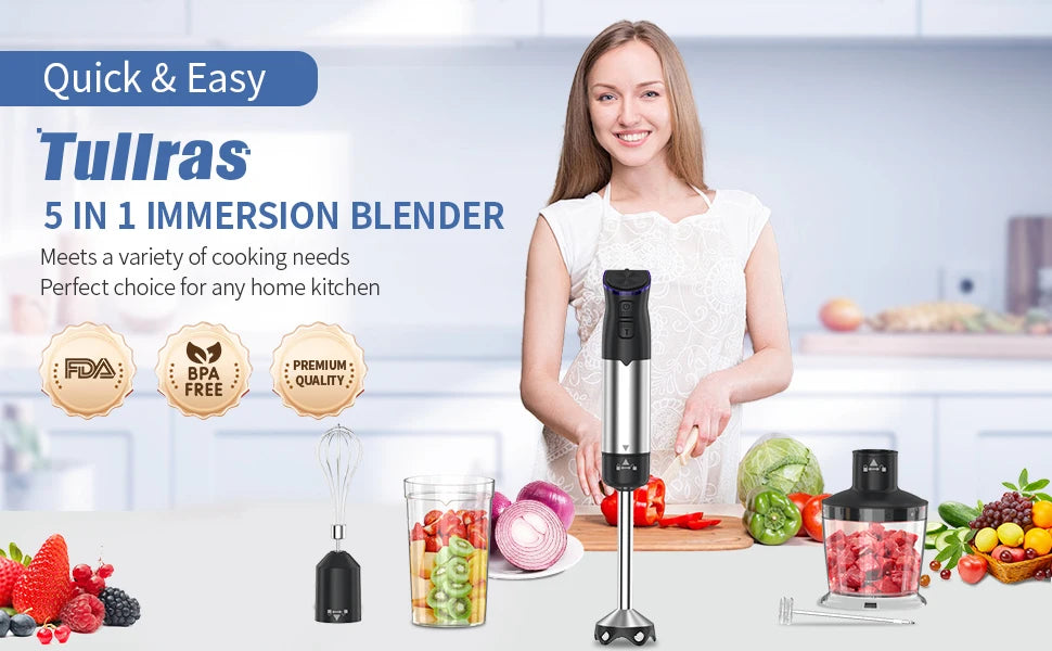 1000W Electric Immersion Handheld Blender, 5 in 1 Kitchen Hand Blender for soups, smoothies, purees and baby food. - Smarsty
