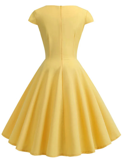 Pink Summer Dress Women V Neck Vintage Robe Elegant Retro pin up Party Office Midi Dresses - Smarsty