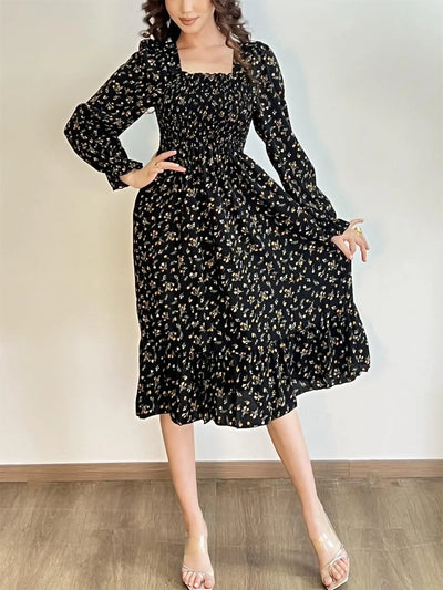 Long Sleeve Casual Dress Women Chiffon Dresses Autumn Spring A-line Printed Floral Elastic Chest Lace Up Midi Dresses Vestidos - Smarsty
