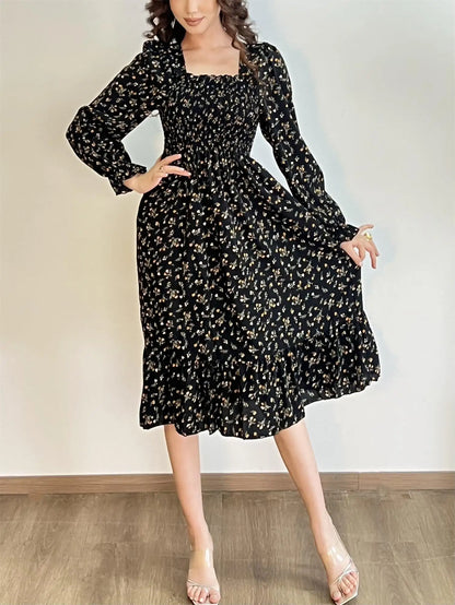 Long Sleeve Casual Dress Women Chiffon Dresses Autumn Spring A-line Printed Floral Elastic Chest Lace Up Midi Dresses Vestidos - Smarsty