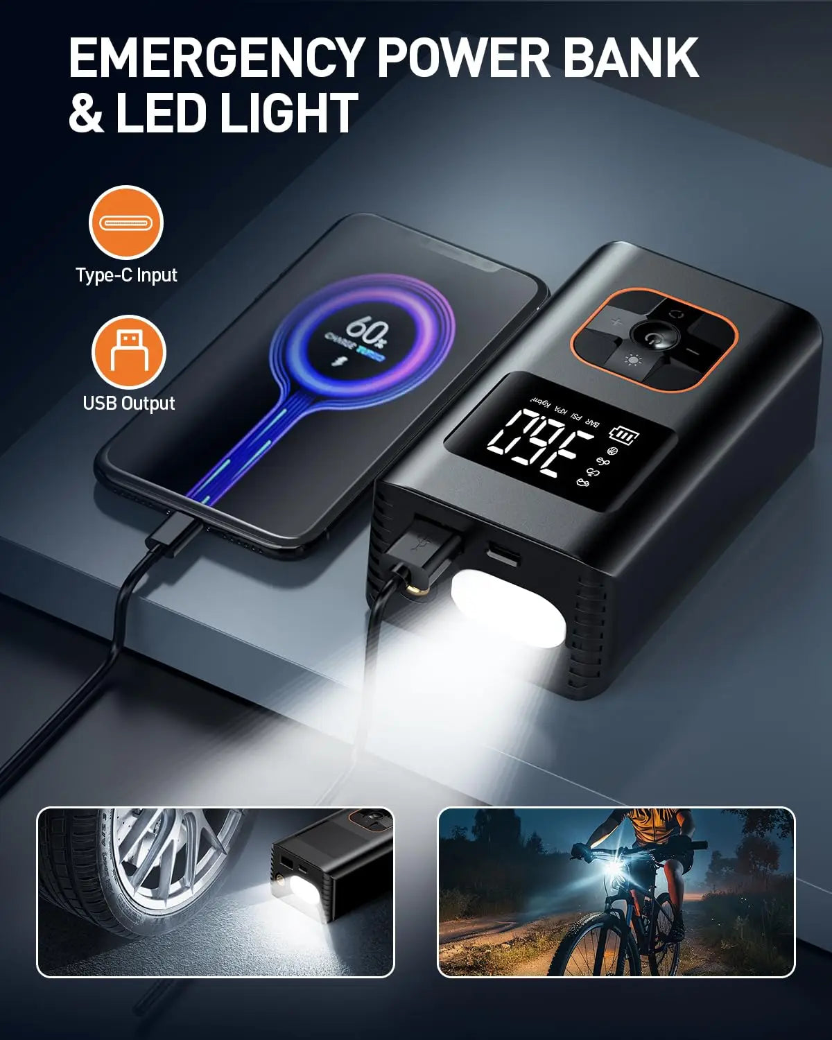 Tire Inflator Portable Air Compressor, 8000mAh Cordless Air Pump for Car Tires, 150 PSI Electric Bike Tire Pump with LED Light