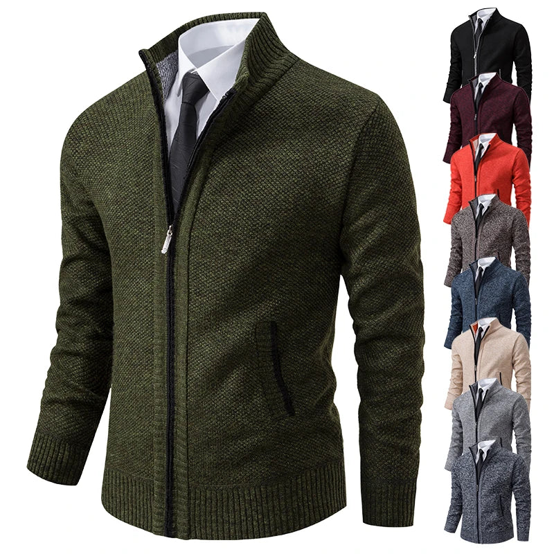 Autumn And Winter New Jersey Men's Casual Sports Coat Solid Color Stand Collar Wweater Grab Fleece Warm Zipper Cardigan - Smarsty