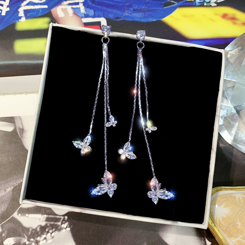 Long Crystal Tassel Butterfly Dangle Earrings for Women - Smarsty