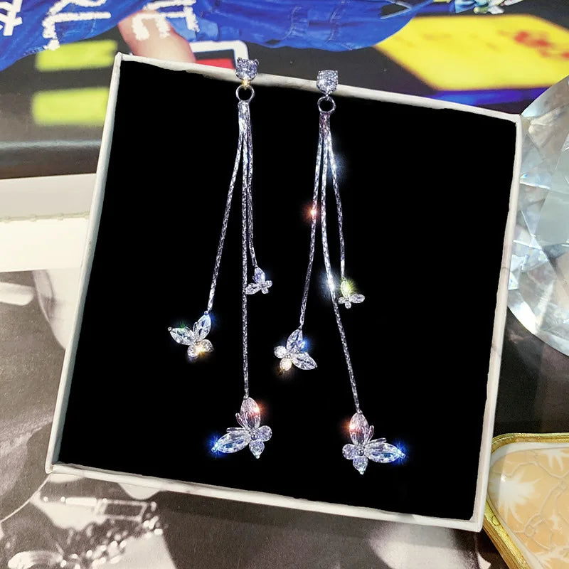 Long Crystal Tassel Butterfly Dangle Earrings for Women - Smarsty