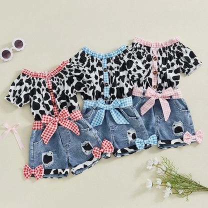 Girls Summer Outfit Leopard Print Sleeveless Top and Distressed Denim Shorts with Frayed Hem and Belt Set