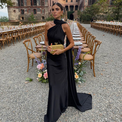 Elegant Women's Ribbon Long Satin Party Dress Halter Backless Sleeveless Female Dresses 2025 Summer Lady Solid Evening Gowns