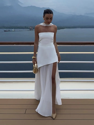 TARUXY Fashion Strapless Dress With Ribbon Female Elegant Sleeveless Mesh Beach Vacation Long Dress 2025 Spring New Women Dress - Smarsty